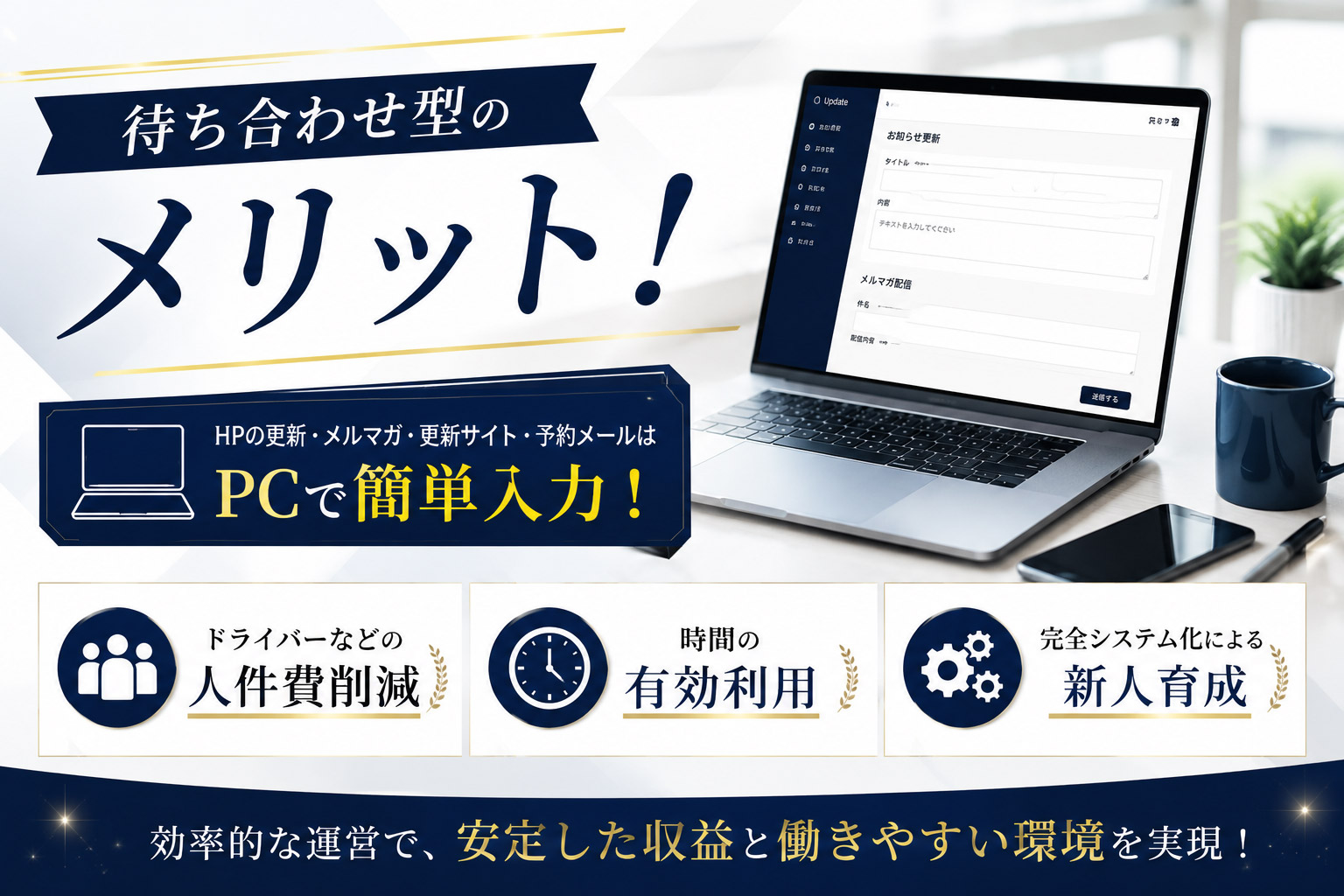 待ち合わせ型のメリット：HP出勤情報・メルマガ・更新サイト・予約メールは全て簡単PC入力、ドライバーなどの人件費削減、時間の有効利用、完全システム化による新人育成