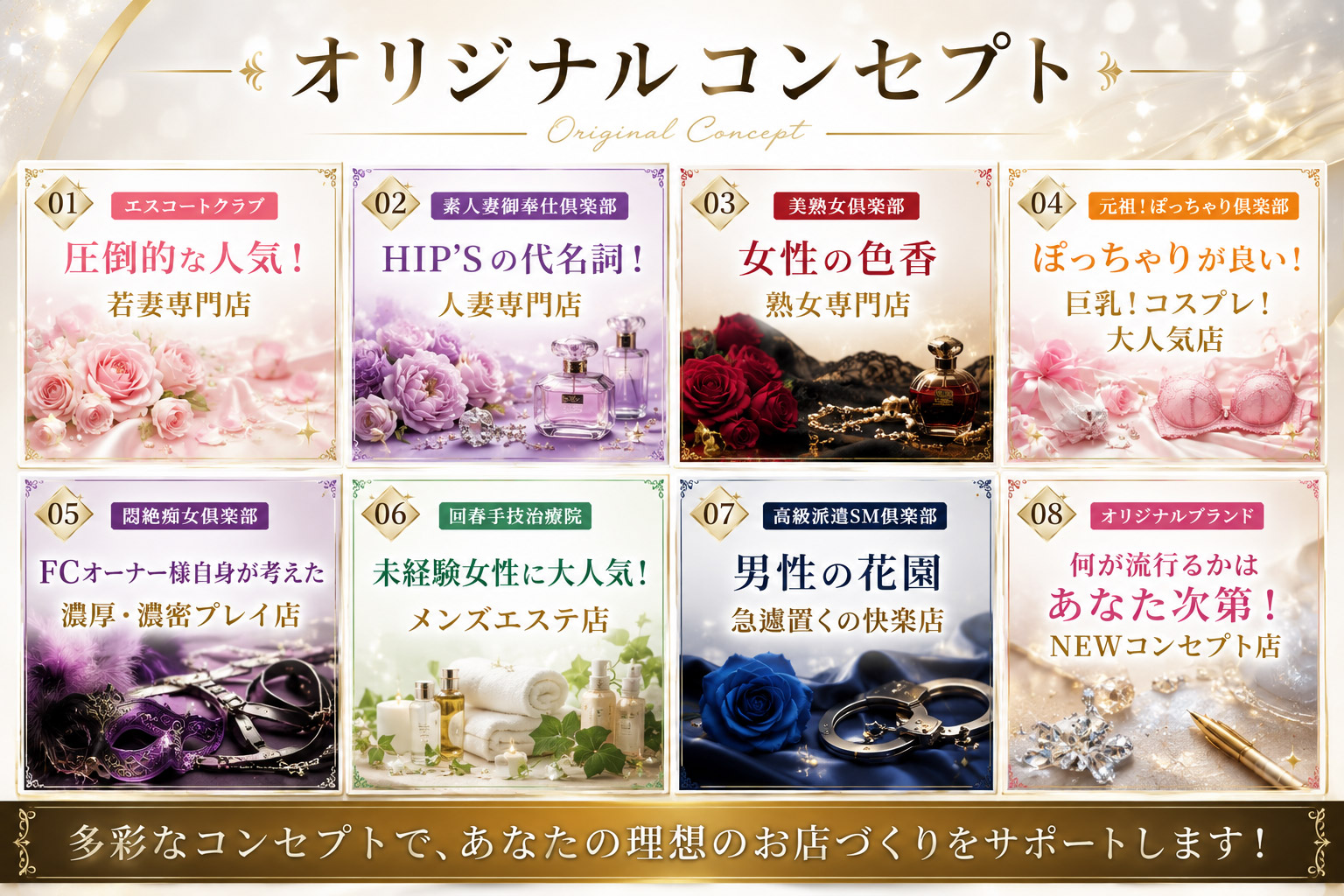 HIP'Sブランドコンセプト一覧：エスコートクラブ、素人妻御奉仕倶楽部、美熟女倶楽部、元祖！ぽっちゃり倶楽部、悶絶痴女倶楽部、回春手技治療院、高級派遣SM倶楽部、オリジナルブランド